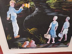 Vintage Art Painting Of Children Walking To School at dawn signed 14×11″