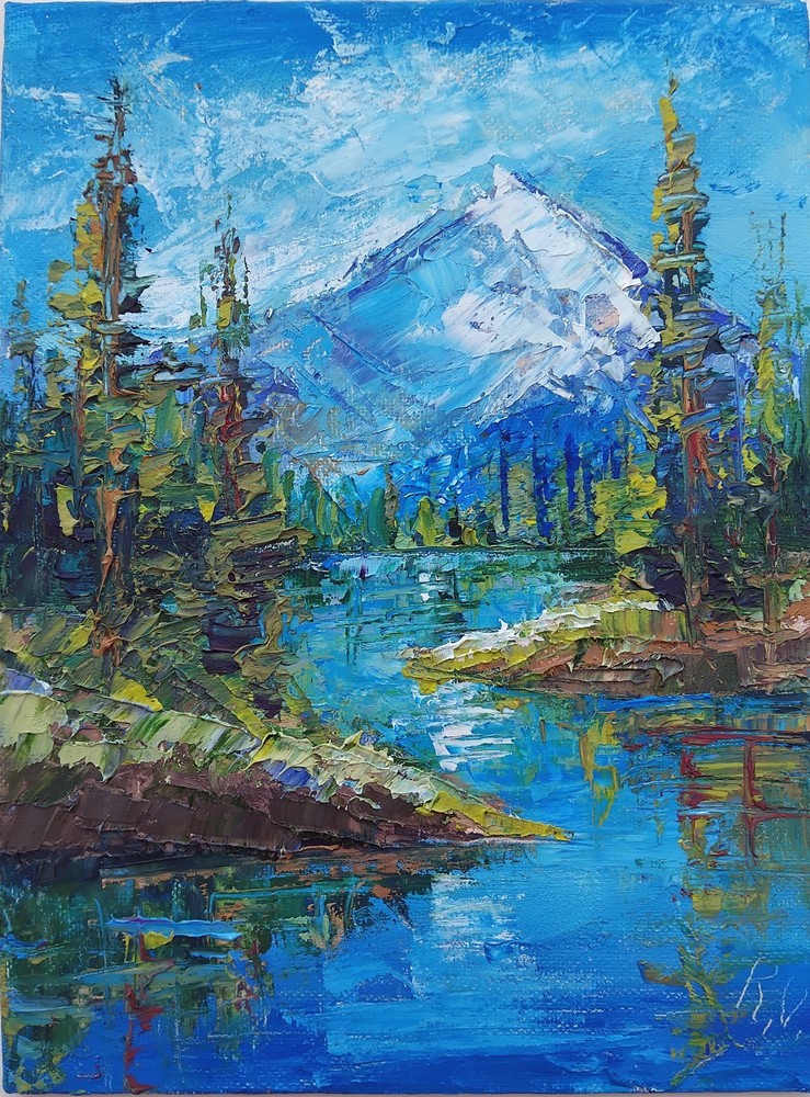 Idaho landscape Oil Painting 7×9″ Sawtooth Mountains – Alpine Lake & Snowy Peaks