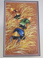 2 Vietnamese Rice Paper Paintings Signed Framed Original Art Women Rice Workers