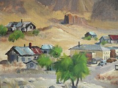SALLY GREEN, YUCCA VALLEY CA ARTIST, OATMAN ARIZONA DESERT CITYSCAPE VINTAGE OIL