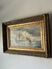 ANTIQUE 19TH CENTURY FRENCH IMPRESSIONIST OIL PAINTING OLD SEASCAPE SHIP BOAT