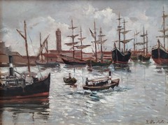 Old Italian Port Scene with Sailboats, Marina, Original Old Oil Painting signed