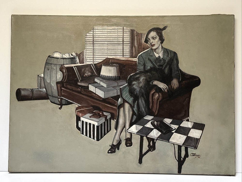 Antique Art Deco Painting Portrait Pretty Woman Large Oil Illustration 1930’s