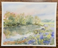Original Watercolor Painting Landscape Nature Flowers Pond Lake – 5×7 inches