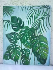 Original Acrylic Painting 8 x 10 Canvas Panel Monstera Leaves Palm Tropical Art