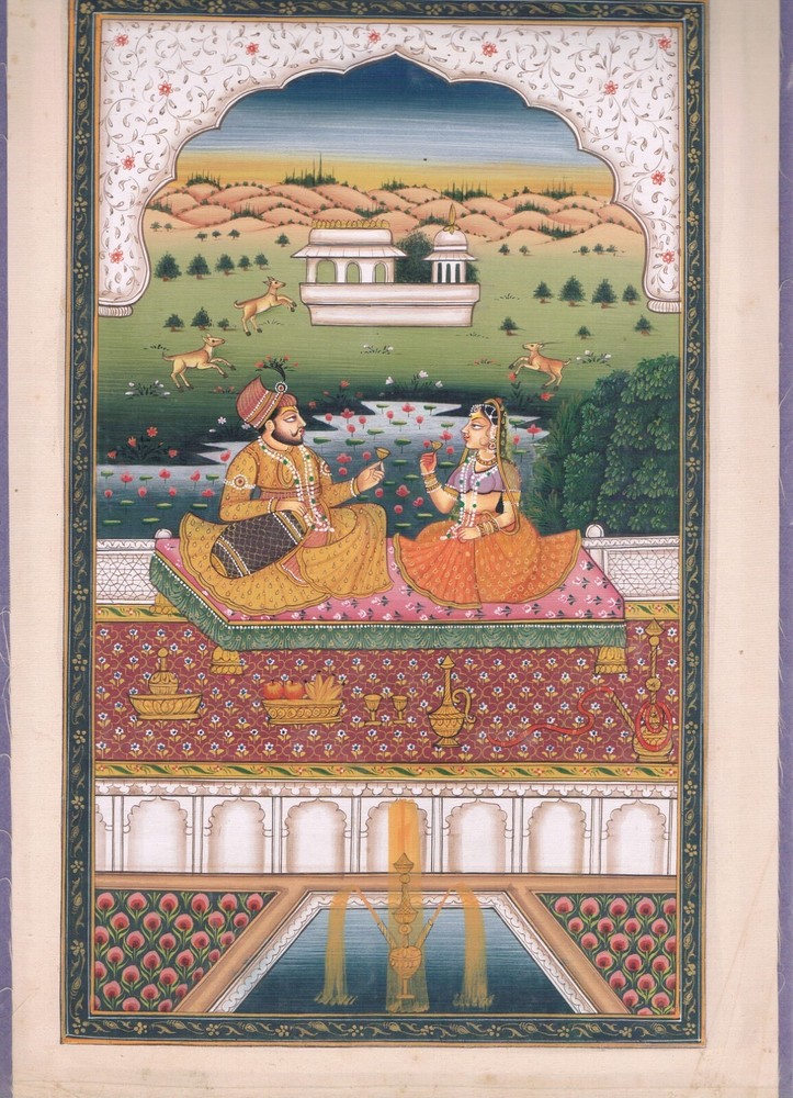 Miniature Painting Of Mughal King And Queen Ejoying Love Scene 7.5×11.5 Inches