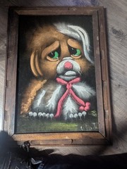 Signed Vintage Black Velvet Painting, Wooden Frame, Featuring A Sad Puppy