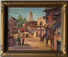 FINE ANTIQUE FIGURATIVE LANDSCAPE OIL PAINTING OLD VINTAGE CITYSCAPE 1930s