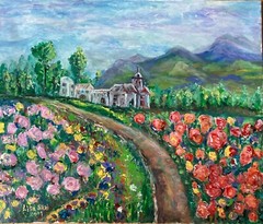 rose garden ooak trees pink yellow red house green road grass famous artist