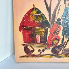 Kenyan Africa Culture Painting On Canvas Signed Twiga Villagers Hut 14.5×21.5 In