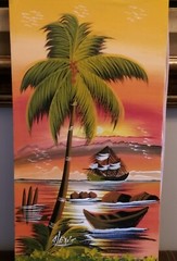 Acrylic Painting on Stretch Canvas Island Ocean Scene Boat Ship Palm Tree Sunset