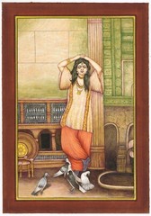 Persian Painting A Persian Beauty With Pigeons Birds On Paper 9.5×13.5 Inches
