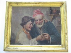 ANTIQUE OIL PAINTING SIGNED ITALIAN ITALY MAN AND CHILD SMOKING THE PIPE OLD