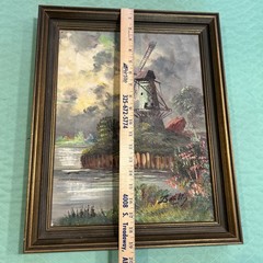 Framed Dutch Windmill Landscape Oil Painting River Cottage Unknown Artist Bently