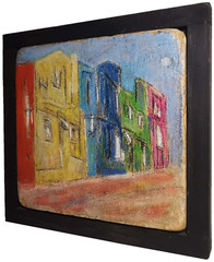 MID-20TH CENT c.1960’S VINT HAND PAINTED CEMENT STREETSCAPE TILE ART, WOOD FRAME