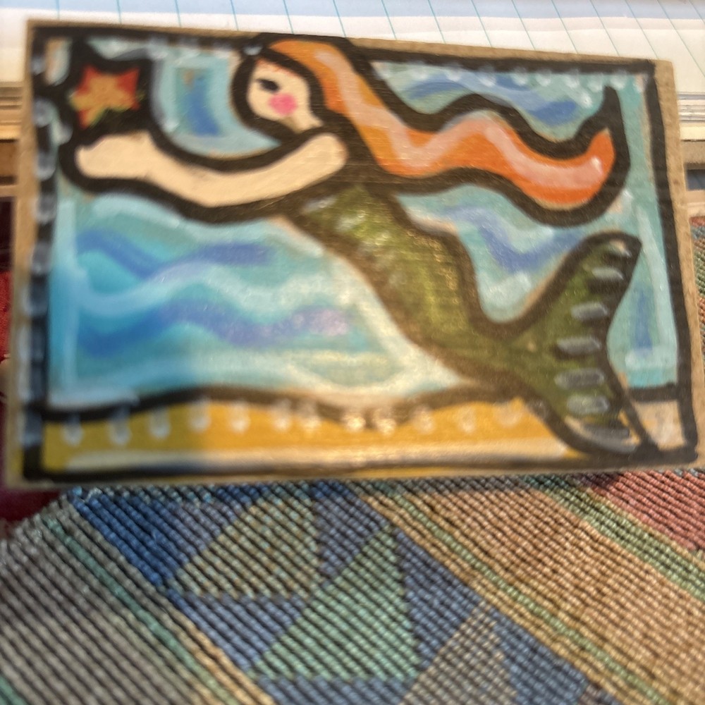 Lisa Atkins Art-o-mat Original Painting Wood Block Mermaid Starfish Portrait