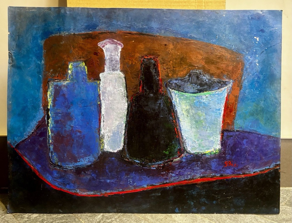 Vintage Modernist Still Life Bottles Oil or Oil-Wax Painting on Paper Signed SBi