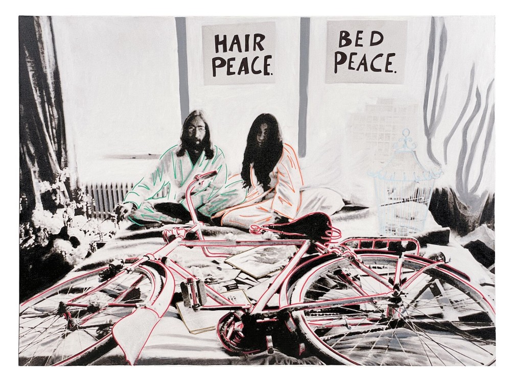Large STEVE KAUFMAN „BED PEACE“ John Lennon & Yoko Ono Painting