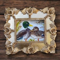 Mallard Ducks miniature art watercolor print in gold vintage style ornate frame