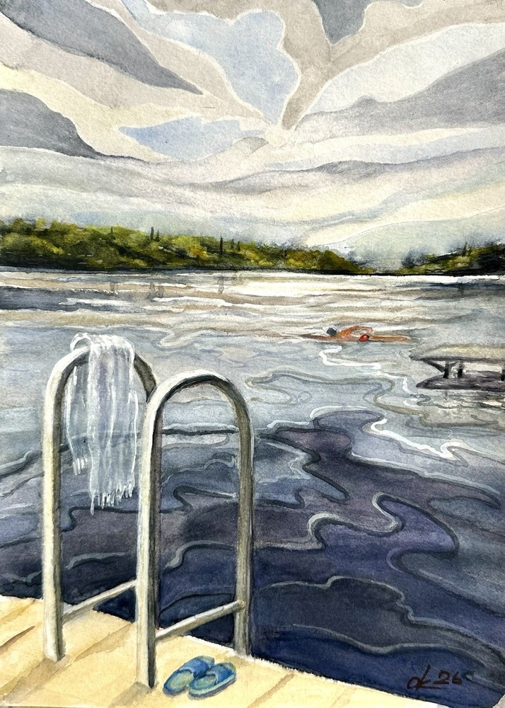Original Watercolor Lake Landscape, Swimming Dock Painting, Summer Nature Art A4