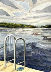 Original Watercolor Lake Landscape, Swimming Dock Painting, Summer Nature Art A4