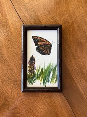 Original Watercolor Painting in VTG Wood Frame; Butterfly, Flower; 4 1/8 x 6 7/8