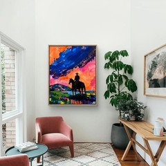 Colorful Cowboy Silhouette Farm Landscape 16×20 Acrylic Canvas