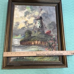 Framed Dutch Windmill Landscape Oil Painting River Cottage Unknown Artist Bently