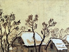 Watercolor Sepia Painting Winter Houses Cherkas Original Wall Hanging n1283