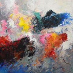 Original 30in x 30in abstract painting on canvas, red blue yellow on white gray.