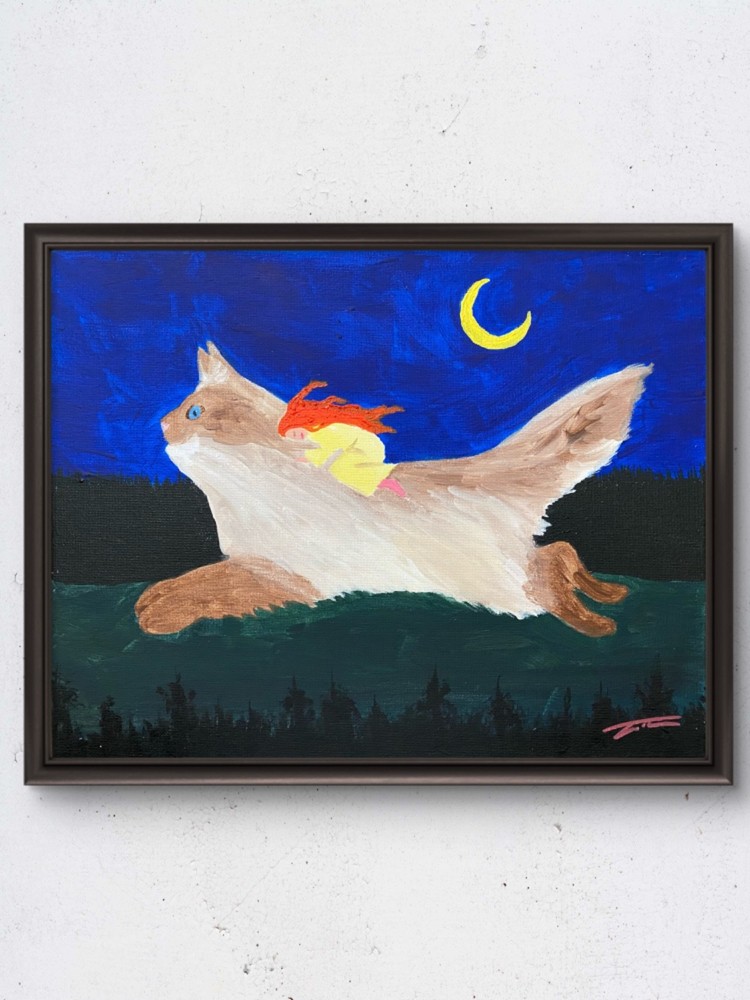 Girl Riding Giant Cat Dream Moonlit Night Acrylic Original Art 14×11 Canvas