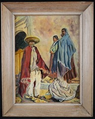 Vintage Framed Original Oil on Canvas Panel „Mexican People at the Market“