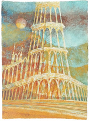 Moon over the Cathedral 31″ x 22 1/2″ Casein Painting-1970s/80s-William Gorman