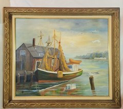 VINTAGE ORIGINAL AMERICAN IMPRESSIONIST HARBOR SCENE Of BOATS SIGNED BY WEST
