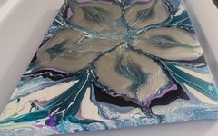 Abstract Fluid Pour Painting Teal Silver Acrylic 8″ x 10″ Home Decor Wall Art