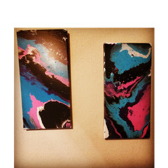 Abstract Acrylic Diptych Painting Set on Canvas, Blue Pink Black White