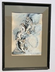 Shmuel Vaginsky ( Israeli , b.1937) Beautiful Rare Cubism Gouache Painting