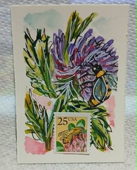 Bee & Thistle Postal Whimsy — OOAK Watercolor Scribble ACEO + USA Bee Stamp