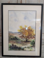 R RAE ANDREWS ? Original WaterColor Painting Framed Landscape Tree 21×27″