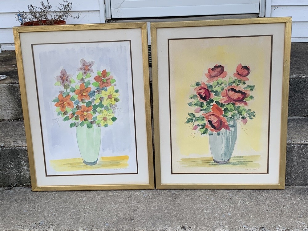 Pair Framed Watercolor Floral Painting by Jewish Artist Avigdor Bar Meir Israel
