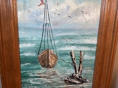 Vintage oil painting Ship Boat Ocean Seagulls