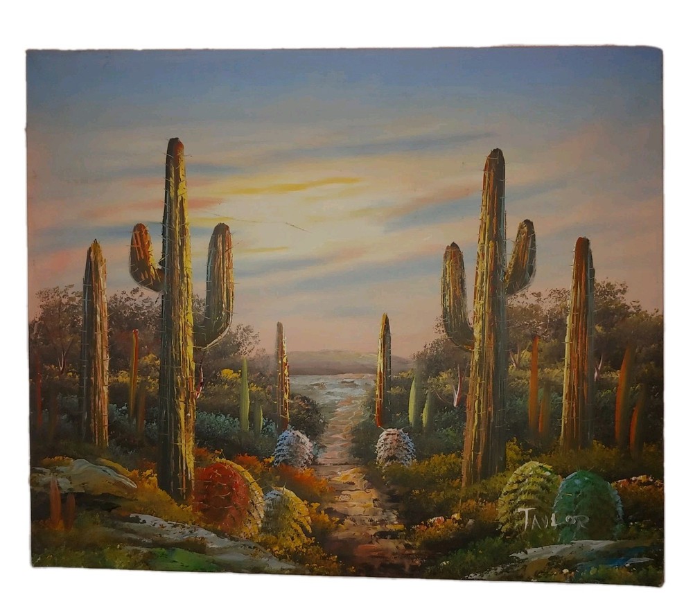 VTG Southwest Desert Beautiful Sunset Cactus Painting Signed Canvas 24×20