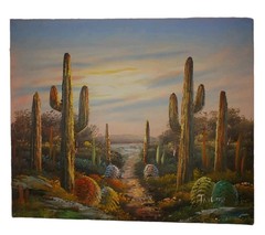 VTG Southwest Desert Beautiful Sunset Cactus Painting Signed Canvas 24×20