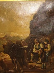 19th Century European Oil Painting – Family and Horse in Mountain Landscape