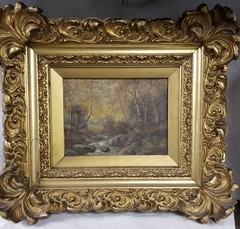 Vintage Gild Framed Landscape Painting on Canvas Forest Trees River Stream, sign