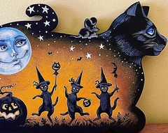 8×10 PRINT OF PAINTING RYTA HALLOWEEN WITCH BLACK CAT VINTAGE STYLE FOLK ART