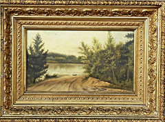 ANTQ American School Original Realistic O/B „Rural Lake Landscape“ Signed A.M.C.