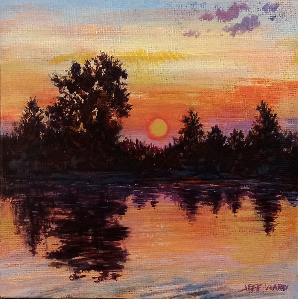 Sunset Lake Landscape Acrylic Painting Nature Scenic Art 6×6 by Jeff Ward