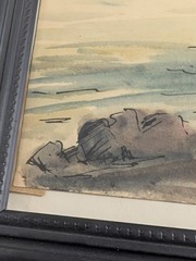 Vintage Watercolor Ink Maritime Seascape Painting Sailboats Coastal Beach Framed