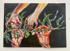 Original Expressionist Oil Painting of Hands and Green Fruit on Paper, Medium